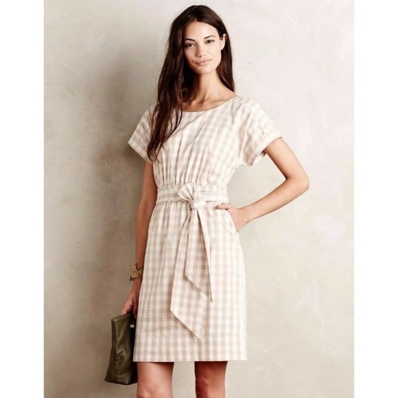 Anthropologie Dresses & Skirts - Anthropologie HD in Paris Tan Plaid Gingham Checkered Tie Waist Dress Womens 10